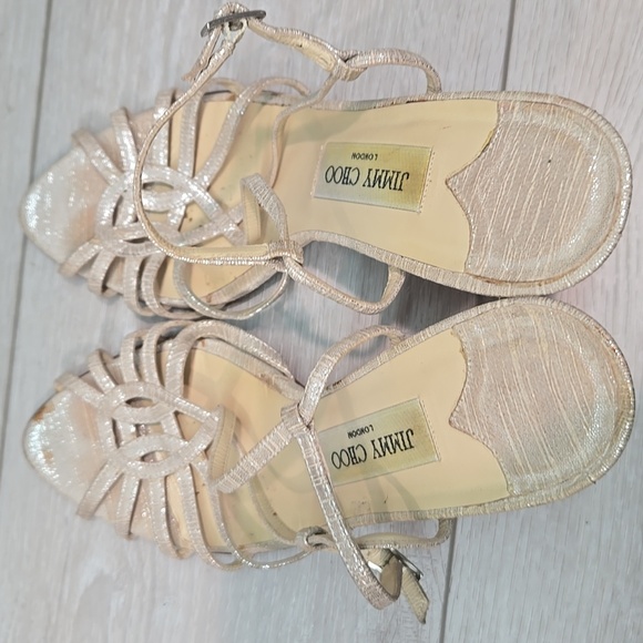 Jimmy Choo WomenElegant Strappy Heels in Shimmering Gold Sandals Shoes 37.5/7.5 - Picture 7 of 14
